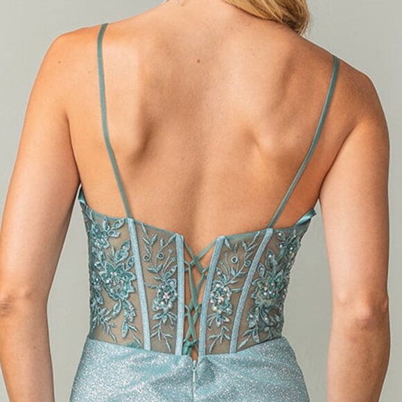 New Floral Fashion Forward Maxi Gown w/ Sheath Silhouette & Lace Up Back DQ 4369 - Picture 5 of 9